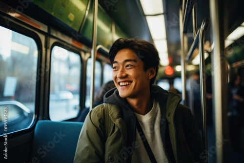 Smiling young male high school student on the bus