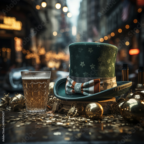 Sombrero de copa clásico, tonos verdes y dorados, decorado con estrellas doradas, mesa en las calles ciudad celebración San Patrick, 4 de Julio, Festival de Octubre cerveza, colores bandera americana