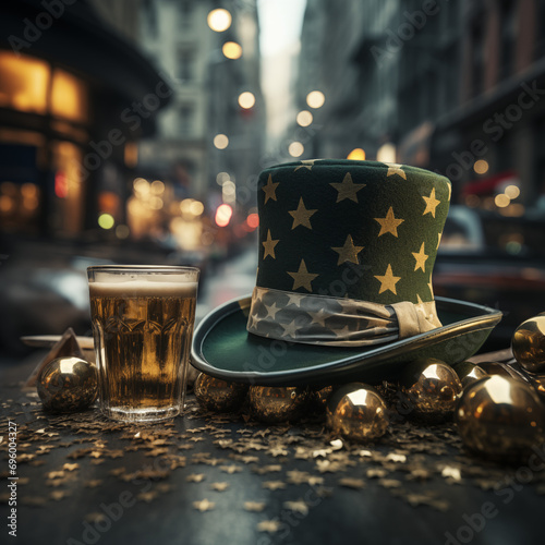 Sombrero de copa clásico, tonos verdes y dorados, decorado con estrellas doradas, en una mesa en las calles de ciudad celebraciones San Patrick, 4 de Julio, Festival de Octubre cerveza, atardecer