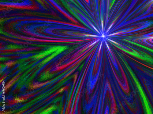 Abstrakcyjne tło, luminescencja. Fantazyjny kwiatowy kształt z rozświetlonym centrum w kolorystyce kobaltu, czerwieni i zieleni