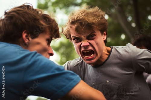 Two young men fighting angry and shouting at each other, young teenage boys fighting in the park