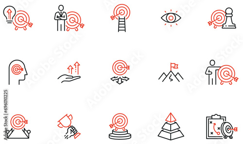 Vector Set of Linear Icons Related to Challenge, Assertiveness, Business Target and Striving for Development. Mono line pictograms and infographics design elements
