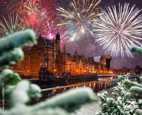 New Year fireworks display over the main town of Gdansk. Poland