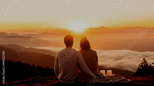Romantic couple sitting on top of the mountain and looking at the sunrise over the misty valley.Good morning greeting message concept.Happy valentines day concept.