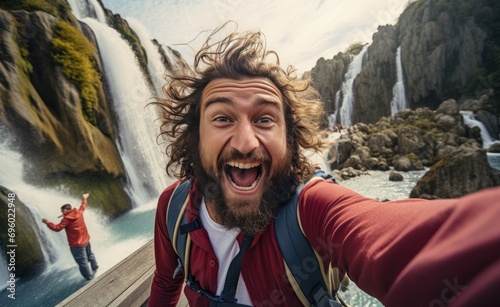 a guy taking a selfie in front of the waterfall