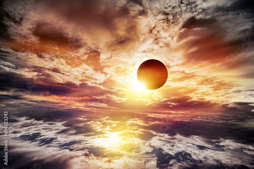 total solar eclipse in clouds, atmosphere . eclipse of the sun, beautiful phenomenon of nature