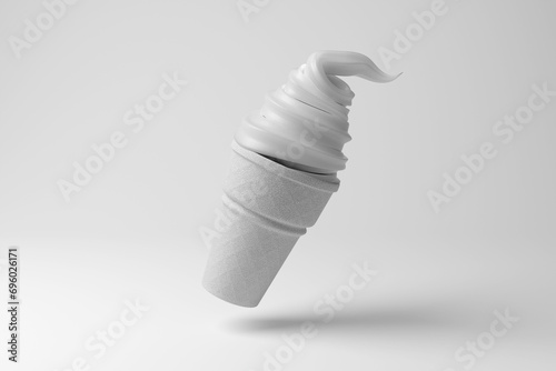 White soft serve ice cream cone floating in mid air on white background in monochrome and minimalism. Illustration of the concept of frozen dessert