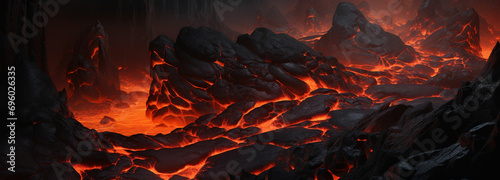 Depict the texture of a frozen lava flow, capturing the rough and dynamic nature of volcanic rock with hints of molten lava solidifying into unique patterns