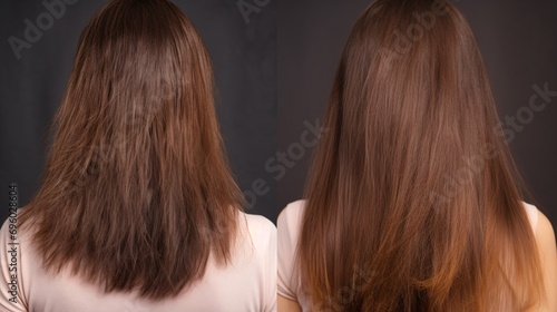 Woman's hair damaged by heat and frizziness, showcased in studio with before and after keratin treatment.