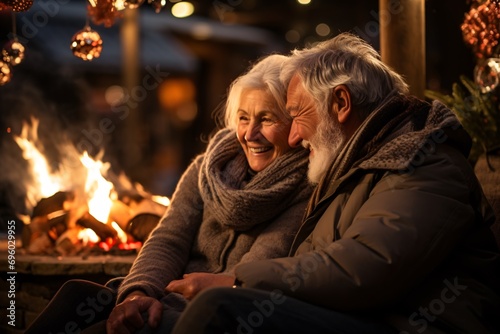 Elderly pair cozying up by an al fresco hearth during a cold nighttime.