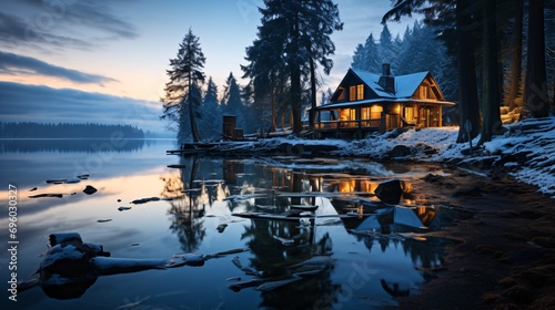 Gorgeous photograph of a boathouse on a pristine winter morning at a lake in Canada.