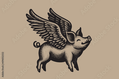 Flying pig with wings. Vintage retro engraving illustration. Black icon, isolated element