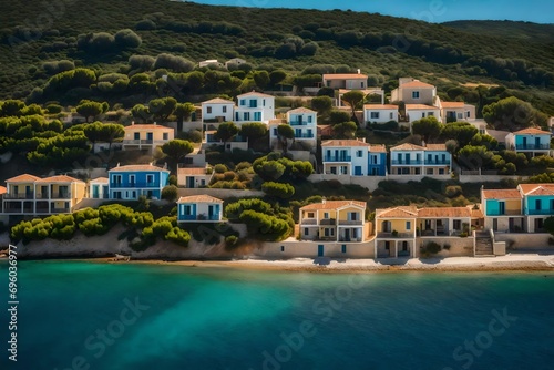 view of houses overlooking coastline, sea and hills near agkonas, kefalonia, lonian islands, greek islands, greece. 