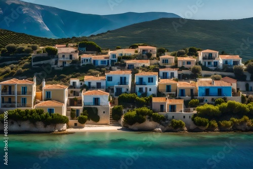 view of houses overlooking coastline, sea and hills near agkonas, kefalonia, lonian islands, greek islands, greece. 