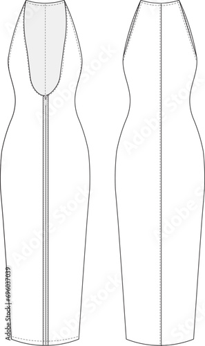 Deep neckline zippered midi maxi long bodycon strap dress template technical drawing flat sketch cad mockup fashion woman design style model