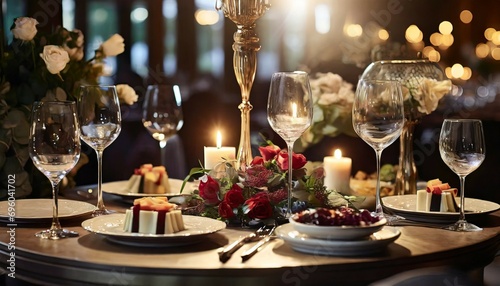 elegant and select wedding decoration restaurant table wine glass and appetizers on the bar table soft light and romantic atmosphere dinner service menue guests candle