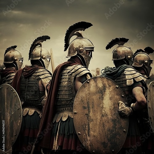 ancient roman, soldiers before entering the battlefield in line of battle ready to fight close up with a round shield in their hands Generative AI 
