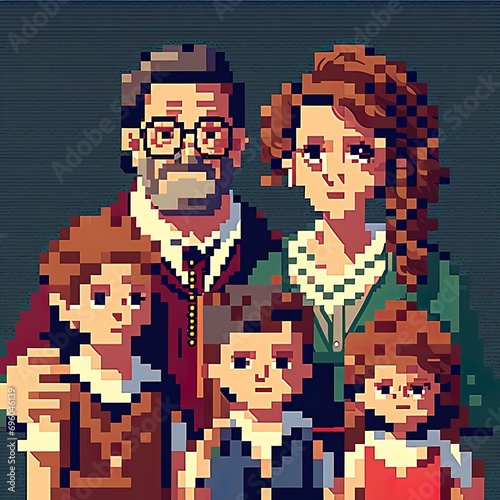 Pixel art vector-style image of family old commodore 64 compuet games parents and children virtual reality mother father little girl and boy Generative AI 