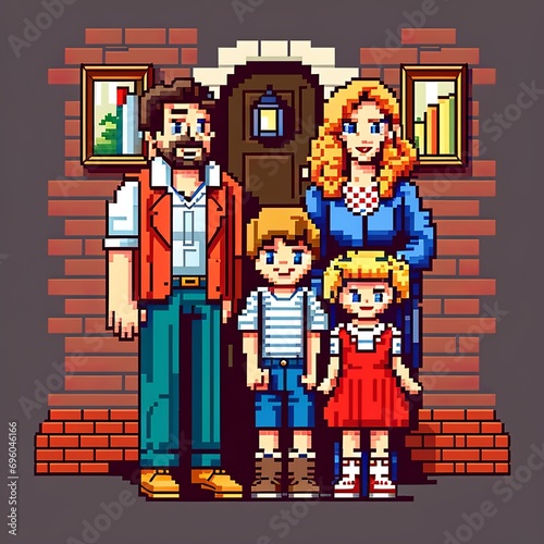 Pixel art vector-style image of family old commodore 64 compuet games parents and children virtual reality mother father little girl and boy Generative AI 