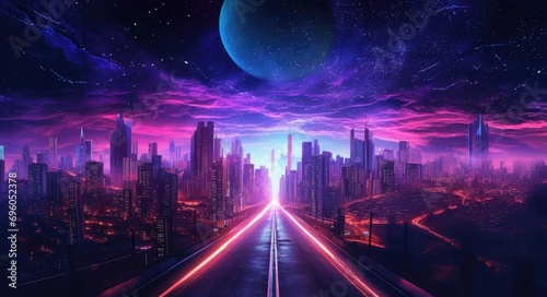 Purple retrowave city synthwave cityscape.