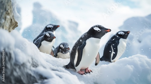 During a snowstorm, a large number of penguins are on a snowy summit.