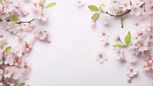 A delicate composition of cherry blossoms and greenery, Flowers composition, Wedding day, Women’s Day, Flat lay, top view, with copy space