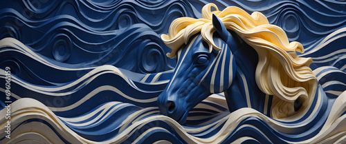 beautiful horse head carving, blue and yellow colors 3d relief wallpaper generative ai 