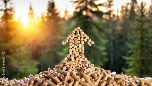 Elevating Sustainability: Ascending Arrow Crafted from Wood Pellets. Generative AI