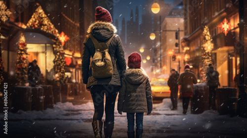 A woman and child walks down a busy cold, winter city street at night. Mother and son smile hugging on a cold and snowy street at night