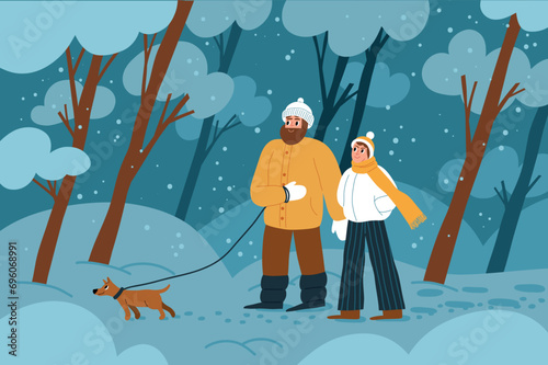 Happy guy with girl walking with dog in evening winter forest. Cartoon couple in love with pet promenades in city park, vector concept.eps