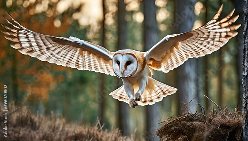 hunting barn owl in flight wildlife scene from wild forest flying bird tito alba