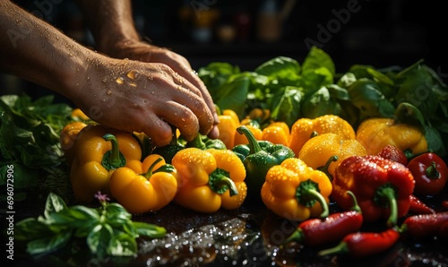 Hand holding organic fruits and vegetables in a garden. Hand sprinkling turmeric on peppers and garlic