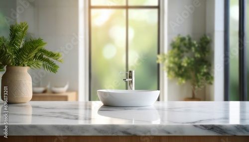 white bathroom marble countertop with copy space on blurred window background