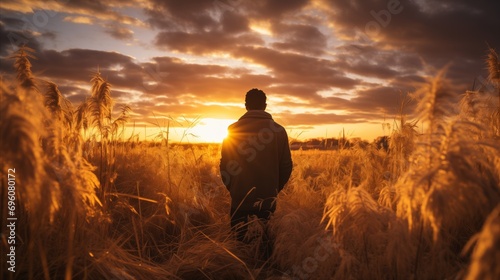A man standing in a field, bathed in the warm glow of the setting sun.