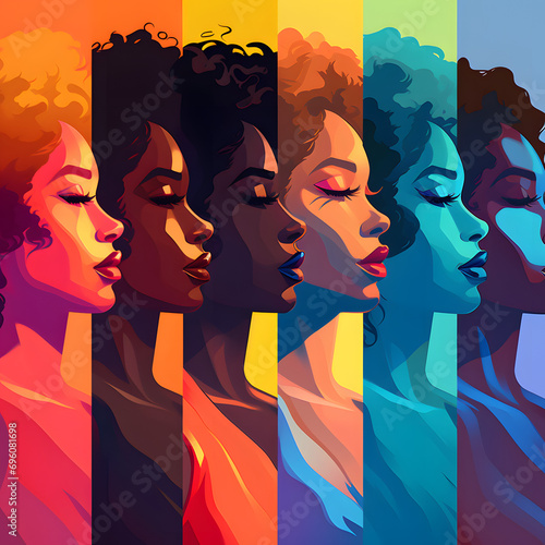 Colorful art of different gradient tones on beautiful women. Illustration black history month concept. Celebrating Afro diversity.