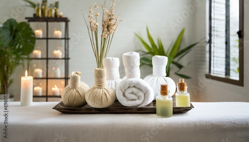 towels with herbal bags and beauty treatment items setting in spa center in white room generative ai