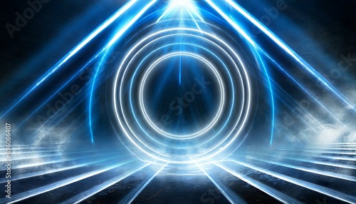 round abstract tunnel blue neon neon circle light arch in the center light rays smoke abstract blue background with rays and neon