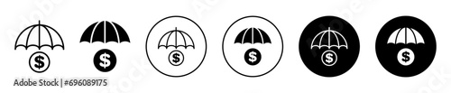 Money Insurance icon. financial money crisis protection safety fund to take care of family life insurance logo symbol vector. dollar with umbrella shows safety of wealth finance budget risk sign ser