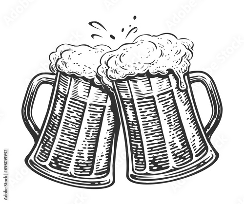 Two toasting beer mugs. Clinking glass tankards full of beer and splashed foam. Cheers, illustration