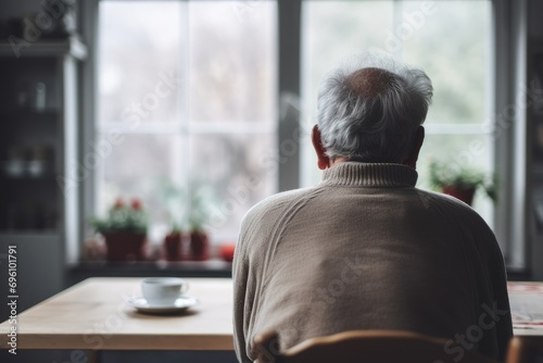 With his back facing outward, the aged man looks out the window. The senior man sits on a chair, feeling a sense of depression and sadness