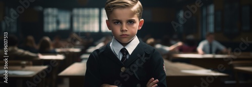 A young boy in a suit and tie standing in front of a classroom. Generative AI.