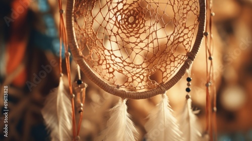 Dreamcatcher with feathers in warm light