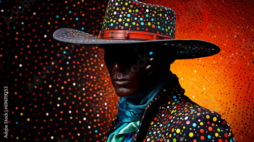 stunning photo of a space cowboy, on a black background, vibrant large format film::1 Abstract Surreal Colorful Silhouette , Pop art pointillism illustration, retro-futurism