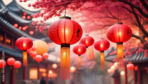 red lanterns in chinese temple,Chinese oriental watercolor background with traditional paper lanterns created with generative ai 