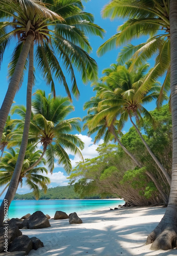 beach, somewhere on the islands near the equator, sea palm sand, clear day.