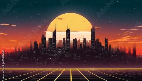Retro futuristic synthwave retrowave style night cityscape with sunset in the background. Cover or poster template for retro wave music. 
