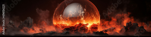 A dynamic volcanic eruption, frozen in time, showcasing the raw intensity of fire and earth within a transparent glass orb. Copy space.