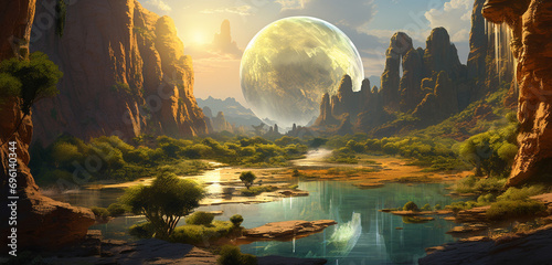 A tranquil scene of a sunlit canyon with a winding river, surrounded by towering cliffs, and the gentle rustle of the wind in the air within a glass globe.