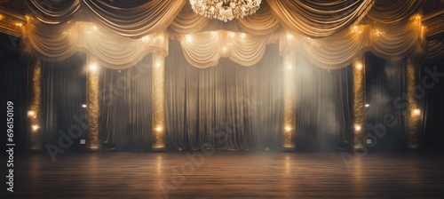 Blurred bokeh effect of elegant broadway theater stage with grand curtain and sparkling chandeliers