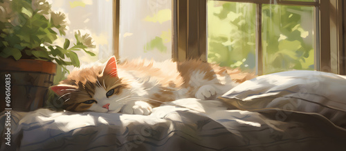 A lazy Sunday afternoon with a contented cat lounging on a sunlit window. Generative AI